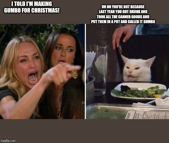Crying Woman vs Cat | UH NO YOU'RE NOT BECAUSE LAST YEAR YOU GOT DRUNK AND TOOK ALL THE CANNED GOODS AND PUT THEM IN A POT AND CALLED IT GUMBO; I TOLD I'M MAKING GUMBO FOR CHRISTMAS! | image tagged in crying woman vs cat | made w/ Imgflip meme maker
