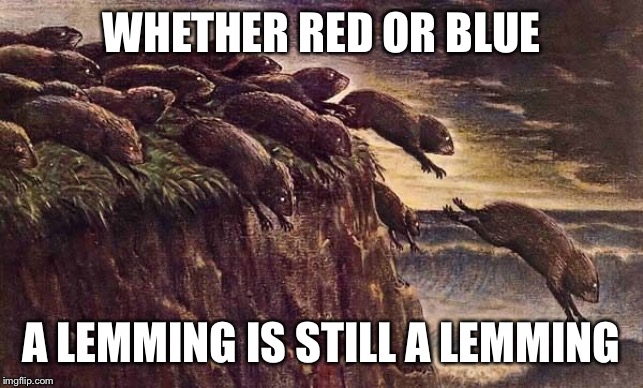 Lemming level blind | WHETHER RED OR BLUE A LEMMING IS STILL A LEMMING | image tagged in lemming level blind | made w/ Imgflip meme maker