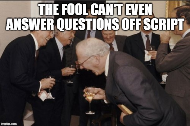 Laughing Men In Suits Meme | THE FOOL CAN'T EVEN ANSWER QUESTIONS OFF SCRIPT | image tagged in memes,laughing men in suits | made w/ Imgflip meme maker