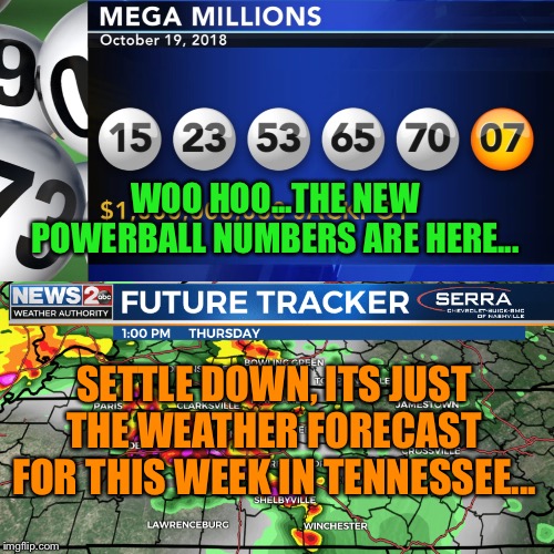 WOO HOO...THE NEW POWERBALL NUMBERS ARE HERE... SETTLE DOWN, ITS JUST THE WEATHER FORECAST FOR THIS WEEK IN TENNESSEE... | image tagged in weather,tennessee | made w/ Imgflip meme maker
