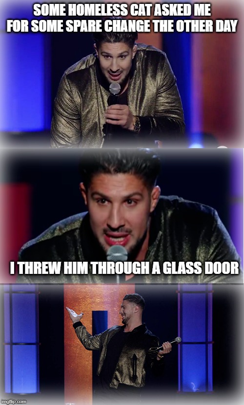 Brendan Schaub Stand Up Cawlmedy | SOME HOMELESS CAT ASKED ME FOR SOME SPARE CHANGE THE OTHER DAY; I THREW HIM THROUGH A GLASS DOOR | image tagged in brendan schaub stand up cawlmedy | made w/ Imgflip meme maker