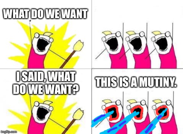 What Do We Want | WHAT DO WE WANT; I SAID, WHAT DO WE WANT? THIS IS A MUTINY. | image tagged in memes,what do we want | made w/ Imgflip meme maker