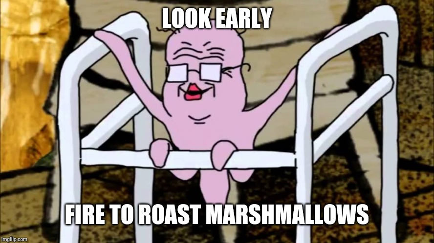 Granny Cuyler Squidbillies | LOOK EARLY FIRE TO ROAST MARSHMALLOWS | image tagged in granny cuyler squidbillies | made w/ Imgflip meme maker