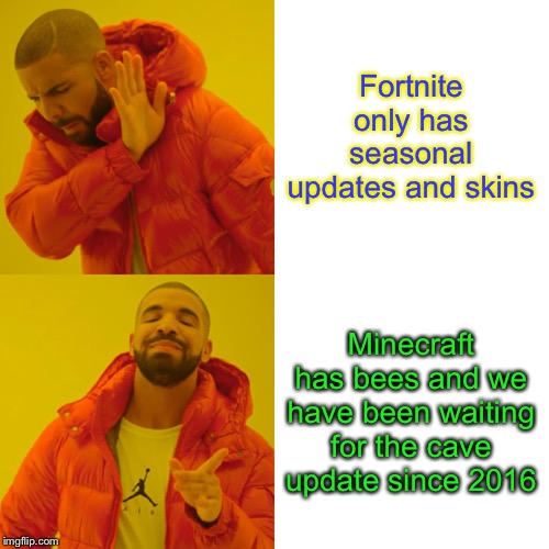 Drake Hotline Bling | Fortnite only has seasonal updates and skins; Minecraft has bees and we have been waiting for the cave update since 2016 | image tagged in memes,drake hotline bling | made w/ Imgflip meme maker