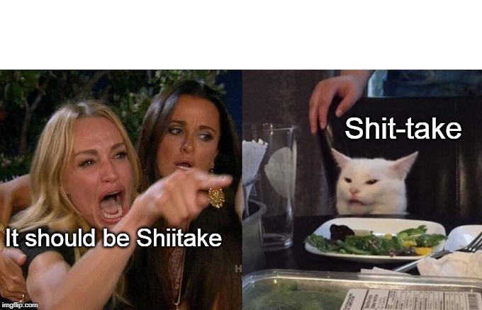 Woman Yelling At Cat Meme | It should be Shiitake Shit-take | image tagged in memes,woman yelling at cat | made w/ Imgflip meme maker