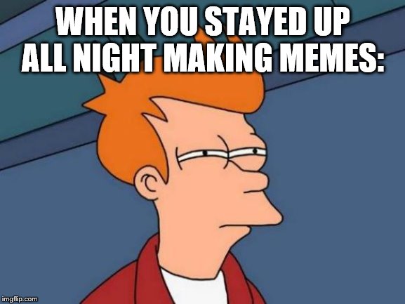 Futurama Fry Meme | WHEN YOU STAYED UP ALL NIGHT MAKING MEMES: | image tagged in memes,futurama fry | made w/ Imgflip meme maker