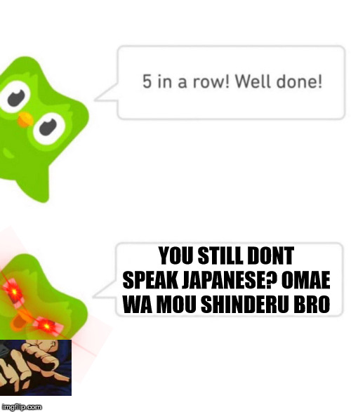 Duolingo 5 in a row | YOU STILL DONT SPEAK JAPANESE? OMAE WA MOU SHINDERU BRO | image tagged in duolingo 5 in a row | made w/ Imgflip meme maker
