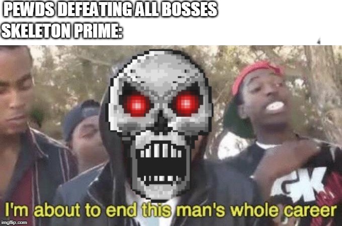 PEWDS DEFEATING ALL BOSSES; SKELETON PRIME: | image tagged in im about to end this mans whole career | made w/ Imgflip meme maker