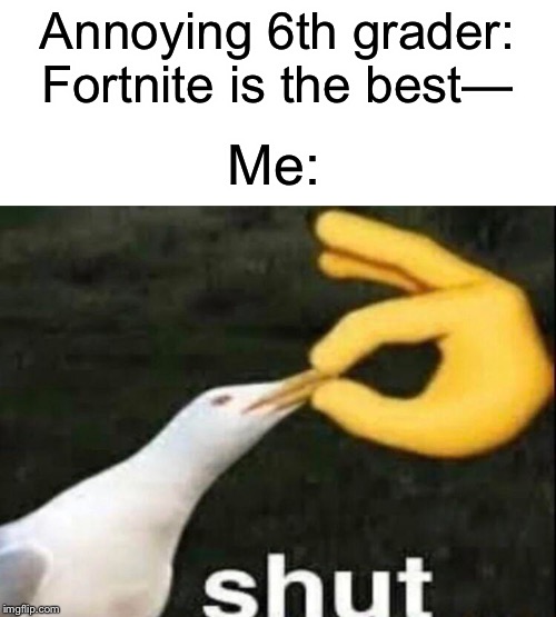 Fortnite is not the best | Annoying 6th grader: Fortnite is the best—; Me: | image tagged in shut,funny,memes,shut up,annoying,boi | made w/ Imgflip meme maker