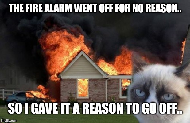 Burn Kitty | THE FIRE ALARM WENT OFF FOR NO REASON.. SO I GAVE IT A REASON TO GO OFF.. | image tagged in memes,burn kitty,grumpy cat | made w/ Imgflip meme maker