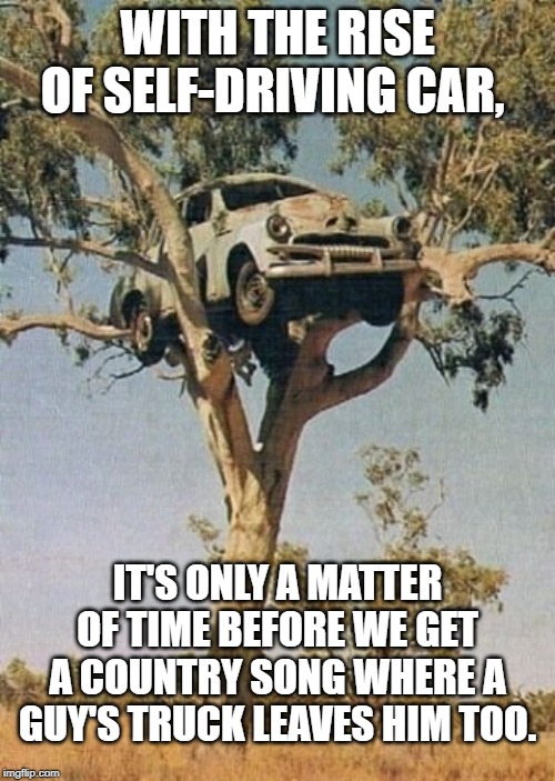 Self driving | WITH THE RISE OF SELF-DRIVING CAR, IT'S ONLY A MATTER OF TIME BEFORE WE GET A COUNTRY SONG WHERE A GUY'S TRUCK LEAVES HIM TOO. | image tagged in funny | made w/ Imgflip meme maker