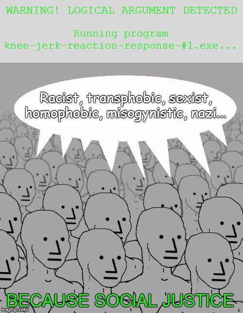 Crying Wolf | WARNING! LOGICAL ARGUMENT DETECTED; Running program knee-jerk-reaction-response-#1.exe... Racist, transphobic, sexist, homophobic, misogynistic, nazi... BECAUSE SOCIAL JUSTICE | image tagged in npc,political memes,social justice warriors,social justice,sjws,sjw triggered | made w/ Imgflip meme maker