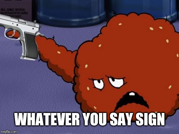 Meatwad with a gun | WHATEVER YOU SAY SIGN | image tagged in meatwad with a gun | made w/ Imgflip meme maker