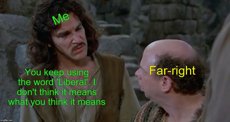 Just pointing it out | Me; You keep using the word 'Liberal'. I don't think it means what you think it means; Far-right | image tagged in inigo confused,memes,liberal | made w/ Imgflip meme maker