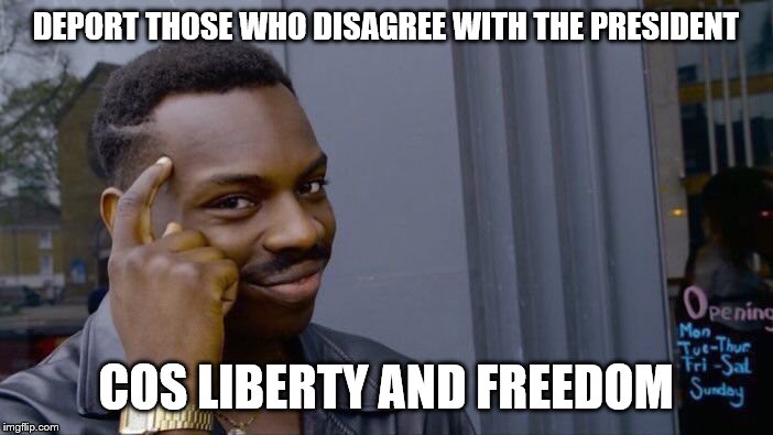 Roll Safe Think About It Meme | DEPORT THOSE WHO DISAGREE WITH THE PRESIDENT COS LIBERTY AND FREEDOM | image tagged in memes,roll safe think about it | made w/ Imgflip meme maker