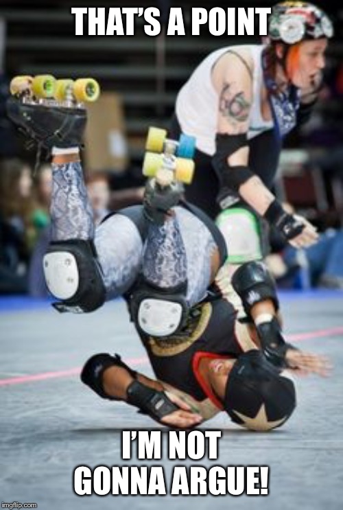 roller derby fall | THAT’S A POINT I’M NOT GONNA ARGUE! | image tagged in roller derby fall | made w/ Imgflip meme maker