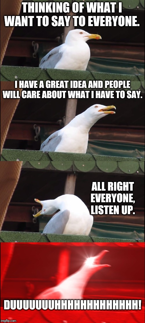 Inhaling Seagull | THINKING OF WHAT I WANT TO SAY TO EVERYONE. I HAVE A GREAT IDEA AND PEOPLE WILL CARE ABOUT WHAT I HAVE TO SAY. ALL RIGHT EVERYONE, LISTEN UP. DUUUUUUUHHHHHHHHHHHHH! | image tagged in memes,inhaling seagull,brain freeze,i have something to say,lol | made w/ Imgflip meme maker
