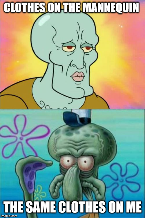 Squidward Meme | CLOTHES ON THE MANNEQUIN; THE SAME CLOTHES ON ME | image tagged in memes,squidward,clothing,shopping | made w/ Imgflip meme maker