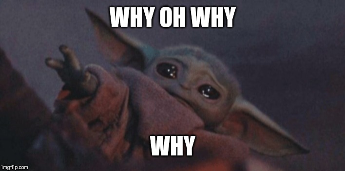 Baby yoda cry | WHY OH WHY WHY | image tagged in baby yoda cry | made w/ Imgflip meme maker