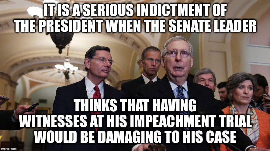 We call on no-one to tell the truth, the whole truth and nothing but the truth | IT IS A SERIOUS INDICTMENT OF THE PRESIDENT WHEN THE SENATE LEADER; THINKS THAT HAVING WITNESSES AT HIS IMPEACHMENT TRIAL WOULD BE DAMAGING TO HIS CASE | image tagged in trump,humor,impeach trump,mitch mcconnell,senate,impeachment trial | made w/ Imgflip meme maker
