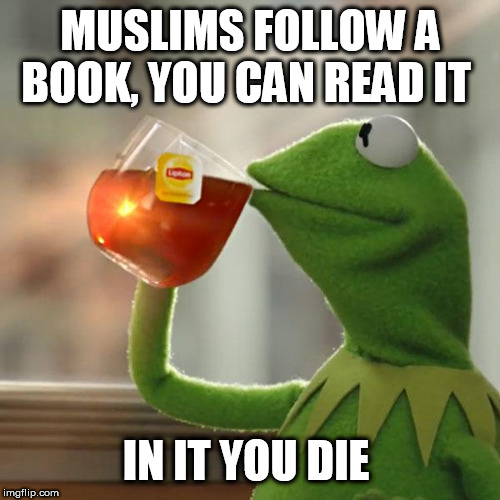 But That's None Of My Business | MUSLIMS FOLLOW A BOOK, YOU CAN READ IT; IN IT YOU DIE | image tagged in memes,but thats none of my business,kermit the frog | made w/ Imgflip meme maker