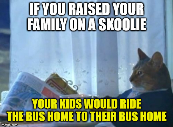 I Should Buy A Boat Cat | IF YOU RAISED YOUR FAMILY ON A SKOOLIE; YOUR KIDS WOULD RIDE THE BUS HOME TO THEIR BUS HOME | image tagged in memes,i should buy a boat cat,school,school bus,home | made w/ Imgflip meme maker