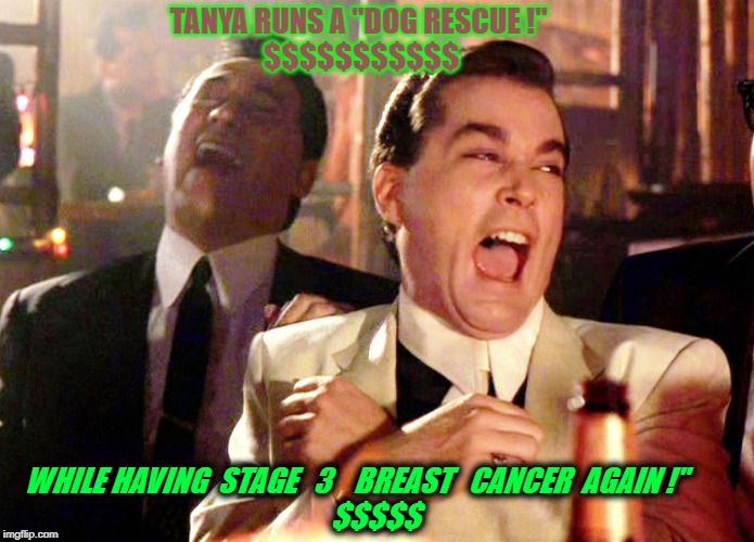 Good Fellas Hilarious | TANYA RUNS A "DOG RESCUE !"
 $$$$$$$$$$$; WHILE HAVING  STAGE   3    BREAST   CANCER  AGAIN !"       
$$$$$ | image tagged in memes,good fellas hilarious | made w/ Imgflip meme maker