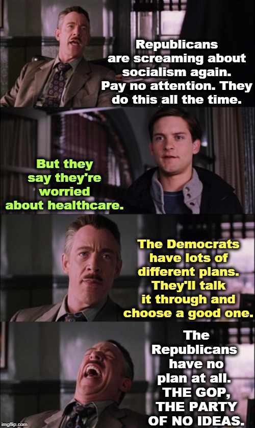 Spiderman Laugh Meme | Republicans are screaming about socialism again. Pay no attention. They do this all the time. But they say they're worried about healthcare. The Republicans 
have no plan at all. 
THE GOP, THE PARTY OF NO IDEAS. The Democrats have lots of different plans. They'll talk it through and choose a good one. | image tagged in memes,spiderman laugh | made w/ Imgflip meme maker