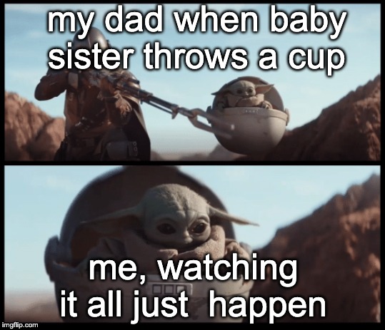 Baby Yoda | my dad when baby sister throws a cup; me, watching it all just  happen | image tagged in baby yoda | made w/ Imgflip meme maker