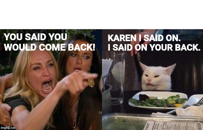 Woman Yelling At Cat Meme | YOU SAID YOU WOULD COME BACK! KAREN I SAID ON. I SAID ON YOUR BACK. | image tagged in memes,woman yelling at cat | made w/ Imgflip meme maker
