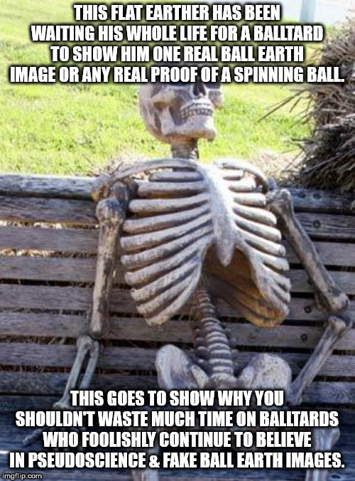 THIS FLAT EARTHER HAS BEEN WAITING HIS WHOLE LIFE FOR A BALLTARD TO SHOW HIM ONE REAL BALL EARTH IMAGE OR ANY REAL PROOF OF A SPINNING BALL. | image tagged in memes,waiting skeleton | made w/ Imgflip meme maker
