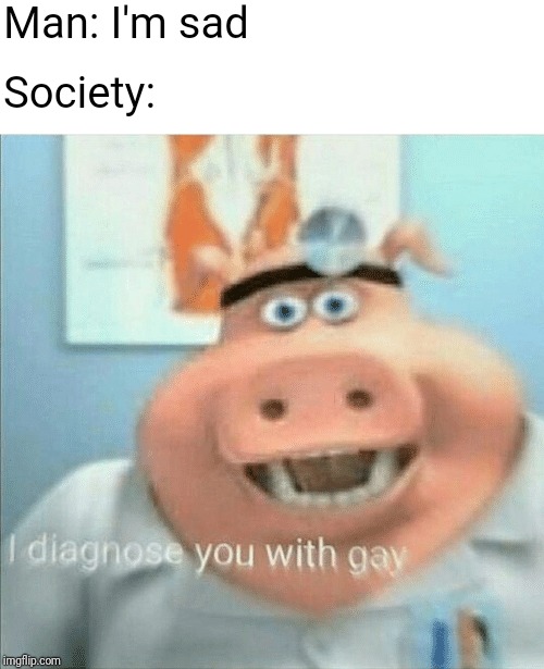 I diagnose you with gay | Man: I'm sad; Society: | image tagged in i diagnose you with gay | made w/ Imgflip meme maker