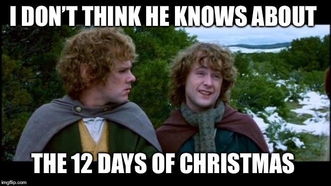 Merry Merry |  I DON’T THINK HE KNOWS ABOUT; THE 12 DAYS OF CHRISTMAS | image tagged in pippin second breakfast,lotr,christmas | made w/ Imgflip meme maker