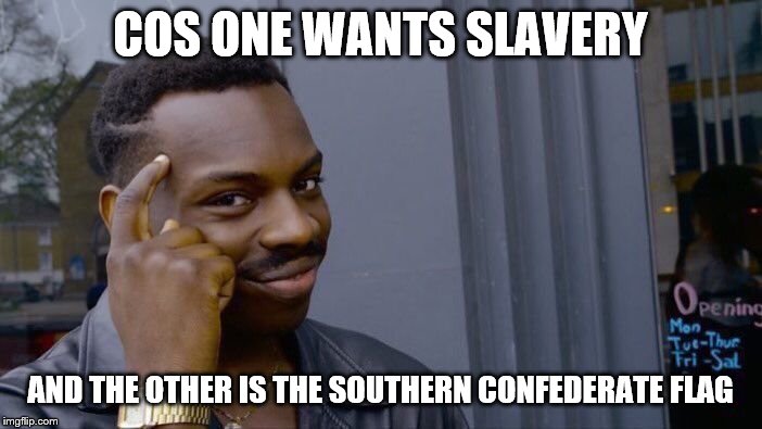 Roll Safe Think About It Meme | COS ONE WANTS SLAVERY AND THE OTHER IS THE SOUTHERN CONFEDERATE FLAG | image tagged in memes,roll safe think about it | made w/ Imgflip meme maker