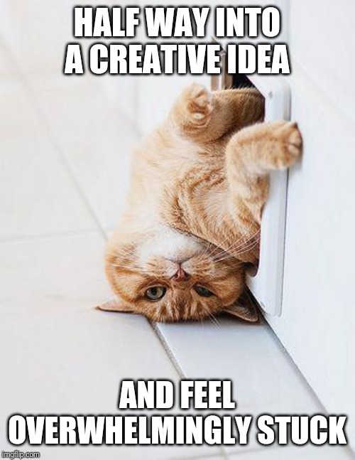Stuck Cat | HALF WAY INTO A CREATIVE IDEA; AND FEEL OVERWHELMINGLY STUCK | image tagged in stuck cat | made w/ Imgflip meme maker