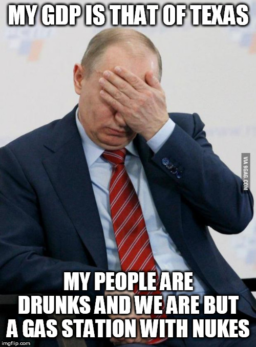 Putin Facepalm | MY GDP IS THAT OF TEXAS; MY PEOPLE ARE DRUNKS AND WE ARE BUT A GAS STATION WITH NUKES | image tagged in putin facepalm | made w/ Imgflip meme maker