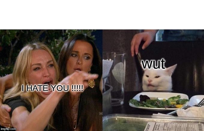 Woman Yelling At Cat Meme | wut; I HATE YOU !!!!! | image tagged in memes,woman yelling at cat | made w/ Imgflip meme maker