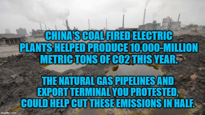 Pollution | CHINA'S COAL FIRED ELECTRIC PLANTS HELPED PRODUCE 10,000-MILLION METRIC TONS OF CO2 THIS YEAR. THE NATURAL GAS PIPELINES AND EXPORT TERMINAL YOU PROTESTED, COULD HELP CUT THESE EMISSIONS IN HALF. | image tagged in politics | made w/ Imgflip meme maker