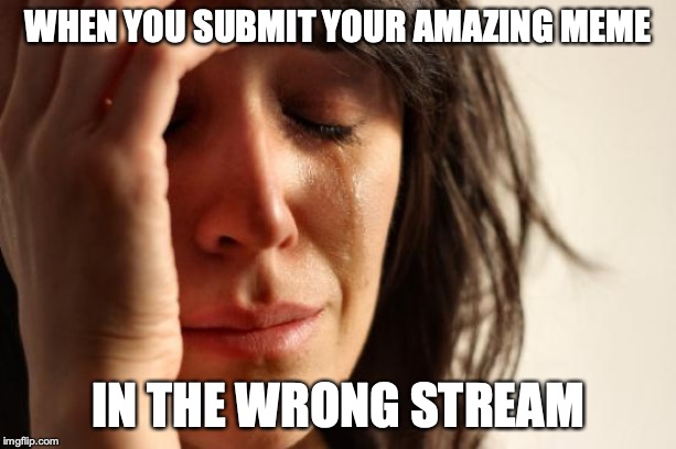 First World Problems | WHEN YOU SUBMIT YOUR AMAZING MEME; IN THE WRONG STREAM | image tagged in memes,first world problems | made w/ Imgflip meme maker