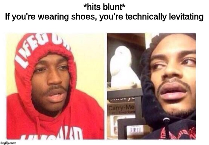 Hits blunt | *hits blunt*
If you're wearing shoes, you're technically levitating | image tagged in hits blunt | made w/ Imgflip meme maker