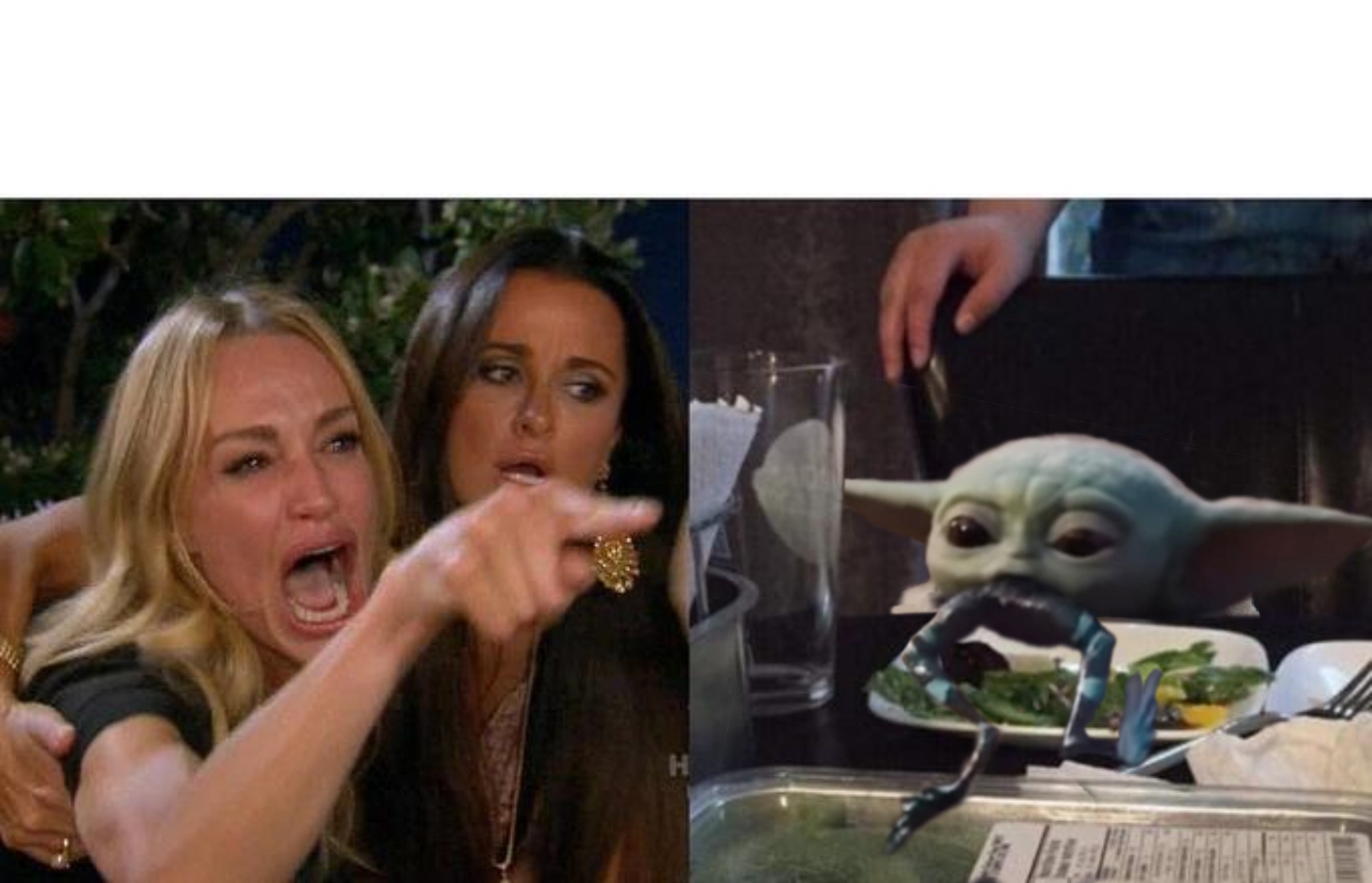 Woman yelling at Baby Yoda Blank Meme Template