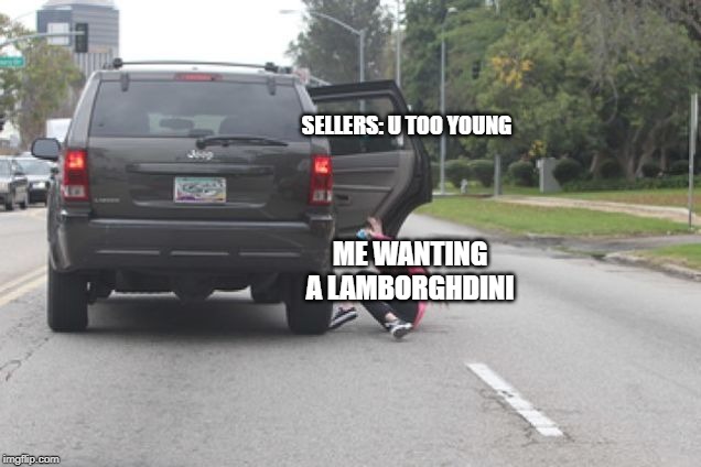 Kicked Out of Car | SELLERS: U TOO YOUNG; ME WANTING A LAMBORGHDINI | image tagged in kicked out of car | made w/ Imgflip meme maker