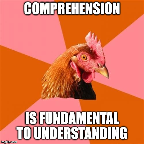 Some just don't get it! | COMPREHENSION; IS FUNDAMENTAL TO UNDERSTANDING | image tagged in memes,anti joke chicken | made w/ Imgflip meme maker