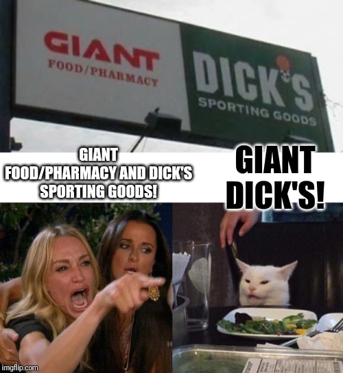 GIANT DICK'S! GIANT FOOD/PHARMACY AND DICK'S SPORTING GOODS! | image tagged in woman yelling at cat | made w/ Imgflip meme maker