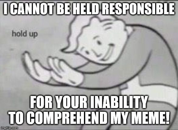 Try to keep up. | I CANNOT BE HELD RESPONSIBLE; FOR YOUR INABILITY TO COMPREHEND MY MEME! | image tagged in fallout hold up,memes | made w/ Imgflip meme maker