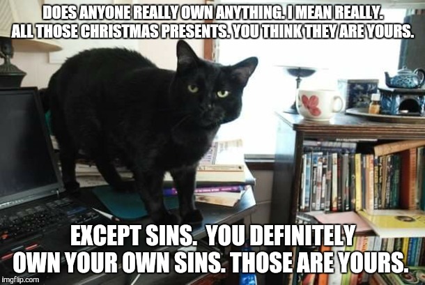 REAL TALK!!!!!!!!!!!! | DOES ANYONE REALLY OWN ANYTHING. I MEAN REALLY. ALL THOSE CHRISTMAS PRESENTS. YOU THINK THEY ARE YOURS. EXCEPT SINS.  YOU DEFINITELY OWN YOUR OWN SINS. THOSE ARE YOURS. | image tagged in black cat | made w/ Imgflip meme maker