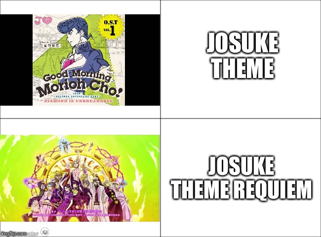 4 panel comic | JOSUKE THEME; JOSUKE THEME REQUIEM | image tagged in 4 panel comic | made w/ Imgflip meme maker