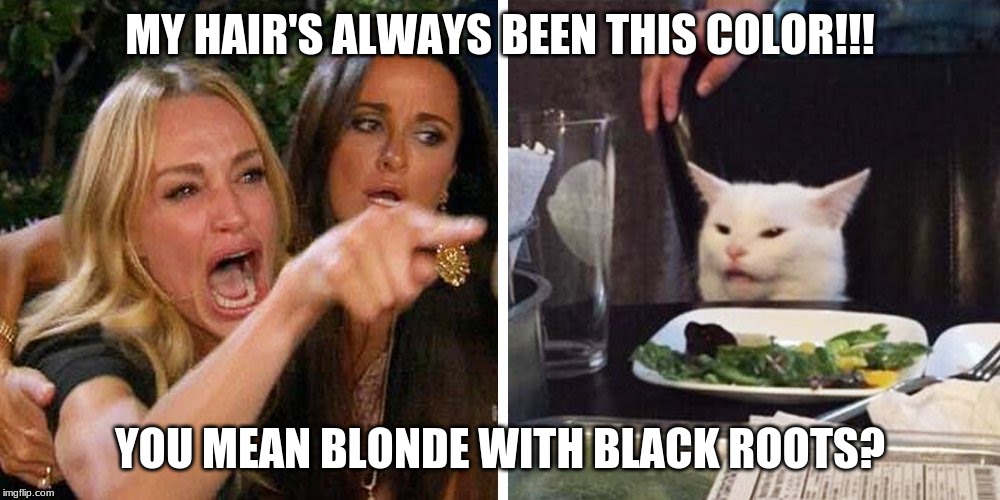 Smudge the cat | MY HAIR'S ALWAYS BEEN THIS COLOR!!! YOU MEAN BLONDE WITH BLACK ROOTS? | image tagged in smudge the cat | made w/ Imgflip meme maker