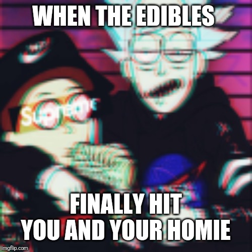 Drunk Rick And Morty | WHEN THE EDIBLES; FINALLY HIT YOU AND YOUR HOMIE | image tagged in drunk rick and morty | made w/ Imgflip meme maker
