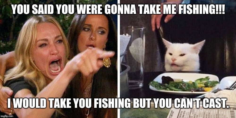 Smudge the cat | YOU SAID YOU WERE GONNA TAKE ME FISHING!!! I WOULD TAKE YOU FISHING BUT YOU CAN'T CAST. | image tagged in smudge the cat | made w/ Imgflip meme maker